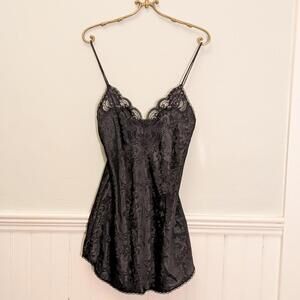 Vintage 90s Black Lace Slip Dress – Burnout Velvet Damask Mini (Deena) S